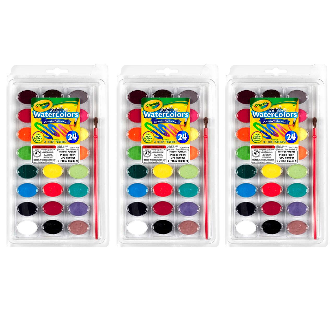 Crayola® Washable 24 Color Watercolor Pans with Plastic Handled Brush, 3ct.